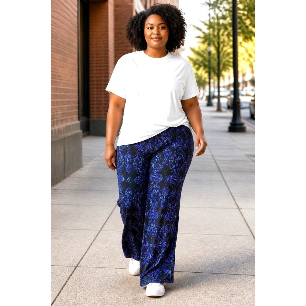 (K-296)NWT Susan Graver Liquid Knit Straight Leg Pull-On Pants Blue Black 3X QVC